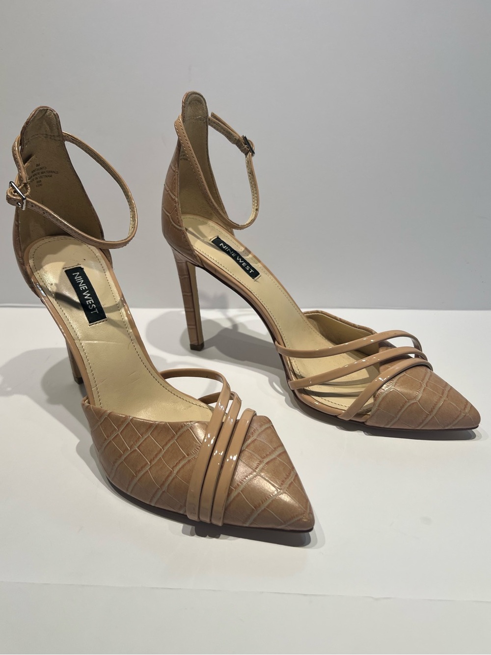Nine West Beige Croc-Embossed Pointed Toe Ankle-Strap Heels
